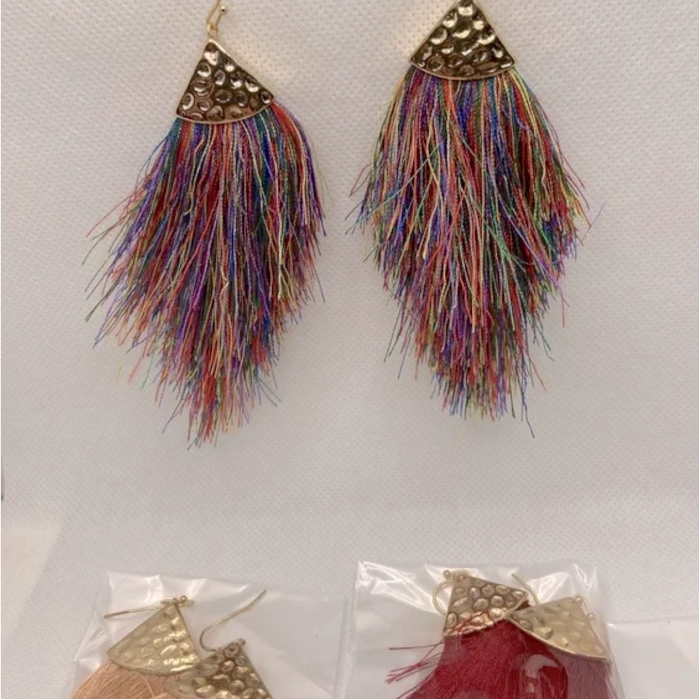 5 Pairs Bohemian Feather Tassel Drop Earrings Boho Silky Thread Fringe Hook